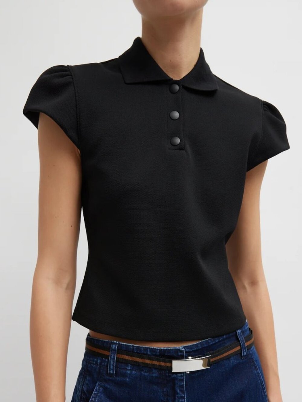 Tibi Luxe Pique Shrunken Polo Shirt, black, XS